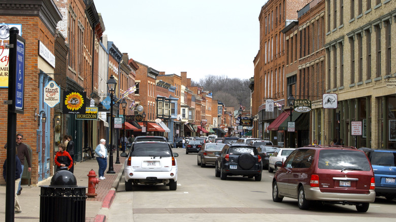 Main Street Galena lined with red-brick buildings and cars