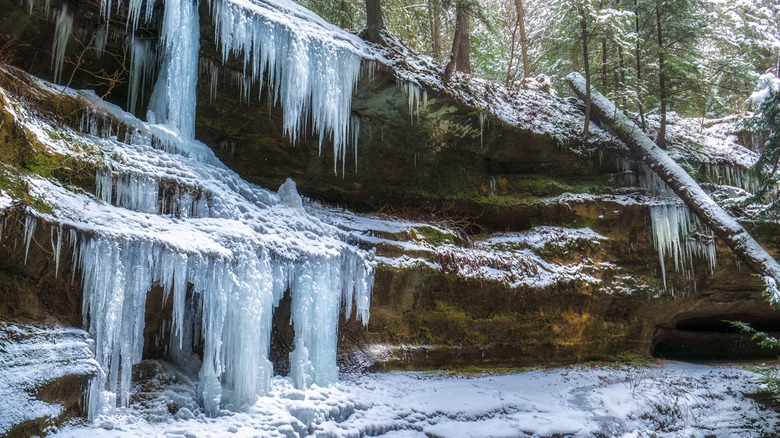 Icicles hanging along a snowy trail in Hocking Hills State Park