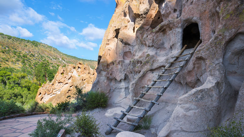 Cave Dwellings and a wooden stair at Bandelier National Monument near Santa Fe, New Mexico
