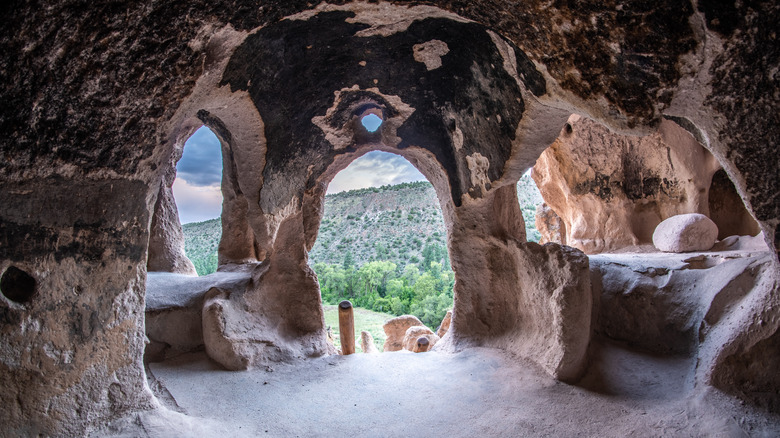 View of the cavate opening from the inside, a cave used by ancestral Pueblo as a home, Talus House Area, Frijoles Canyon, Bandelier NM, New Mexico