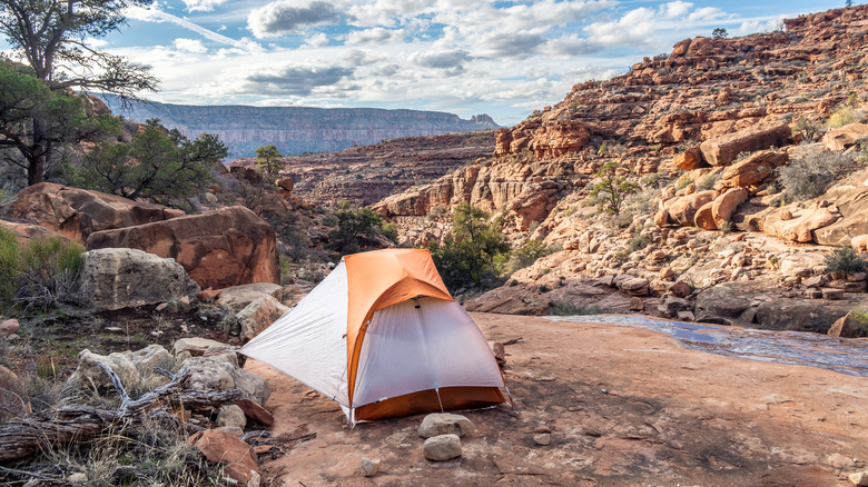 Tent on a platform of rock in the Royal Arch drainage, running water nearby, Grand Canyon National Park, Arizona