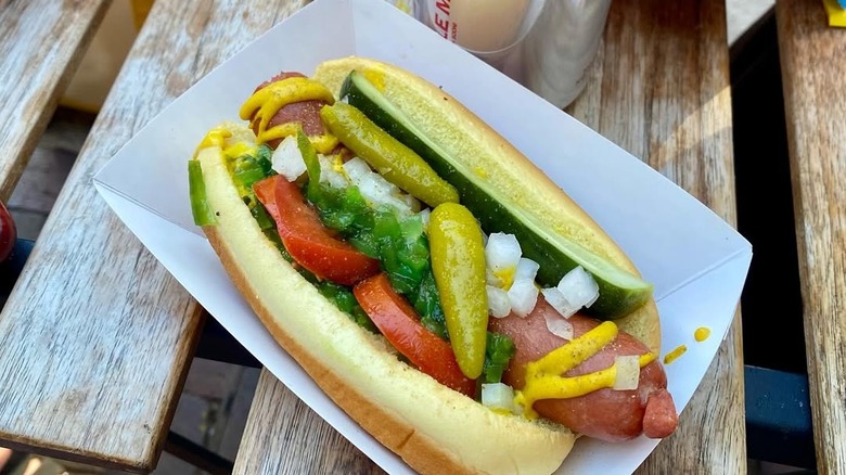 a Chicago-style hot dog on a picnic table