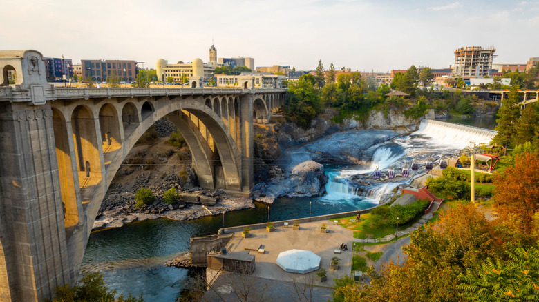 The waterfalls of the Spokane River pass through downtown Spokane, Washington