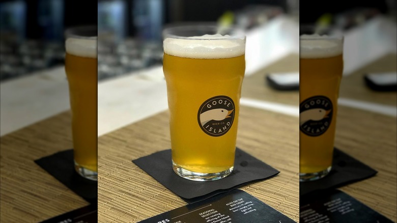 A poured beer on a napkin at Goose Island Beer Co in O'Hare