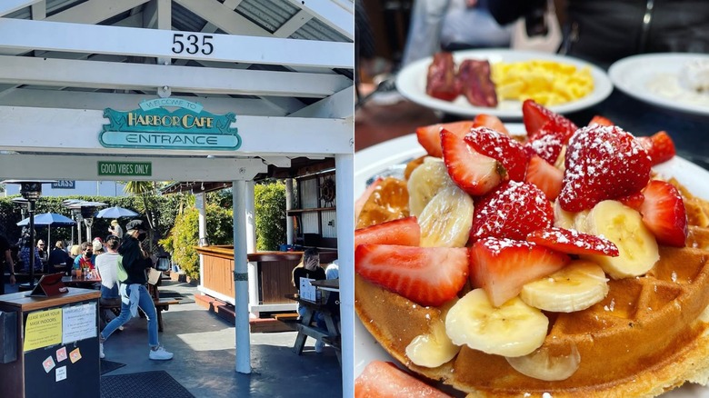 Harbor Cafe Entrance and Waffles with strawberries at Harbor Cafe in Santa Cruz, California