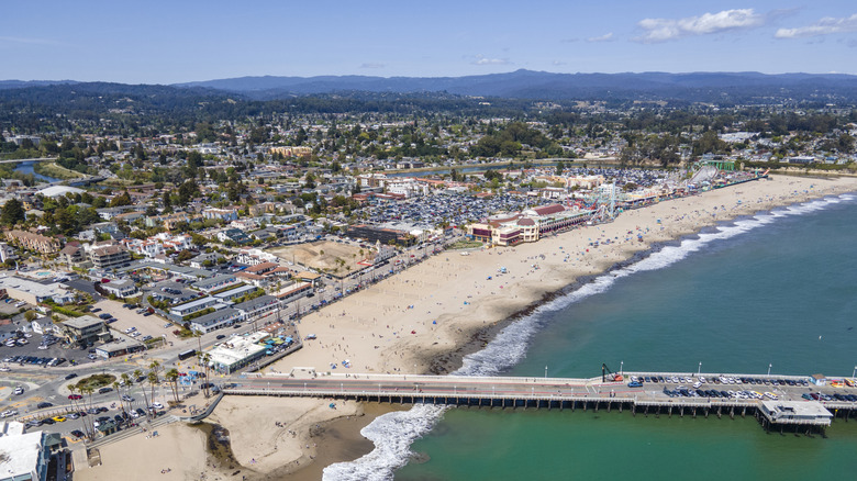 Aerial view of Santa Cruz showing wharf, boardwalk, and downtown