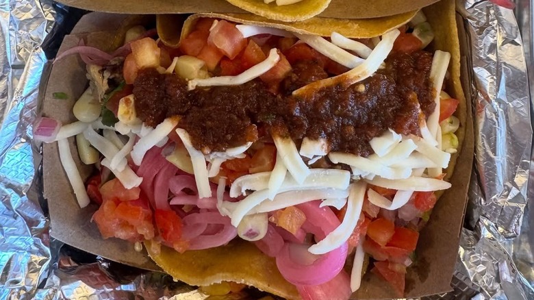An overhead view of a taco from Dos Toros Taqueria