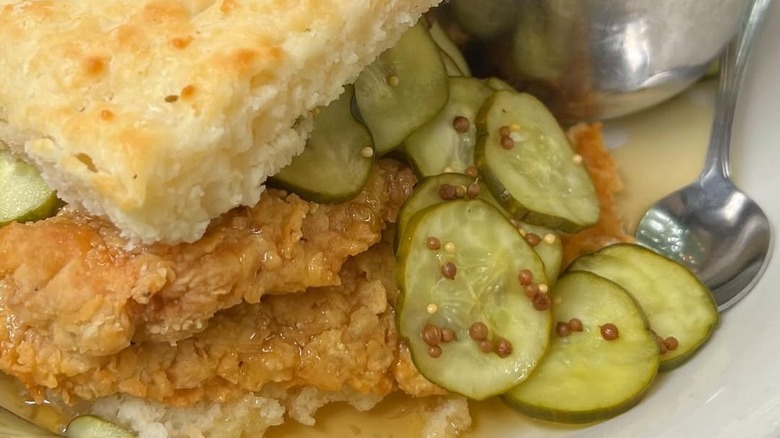 Fried chicken, biscuits, and pickles from Jacob's Pickles
