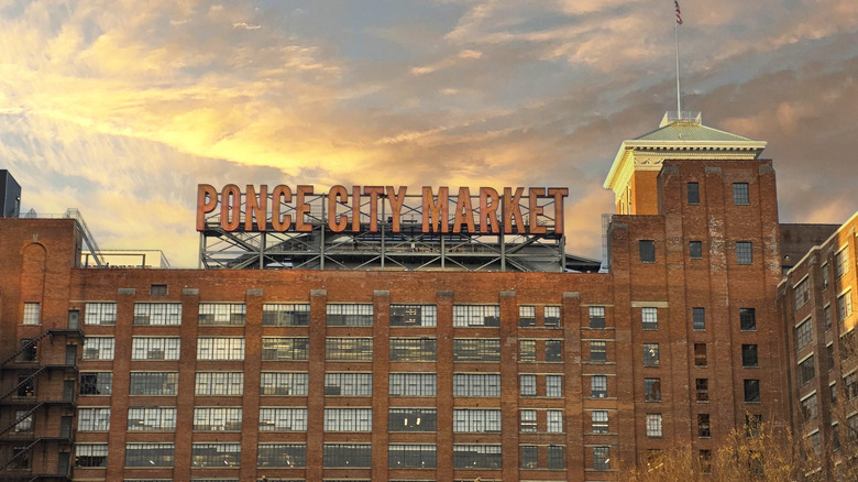 The sign for Ponce City Market at dusk