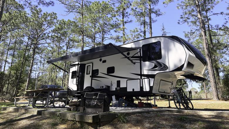 RV parked and set up in a Georgia park