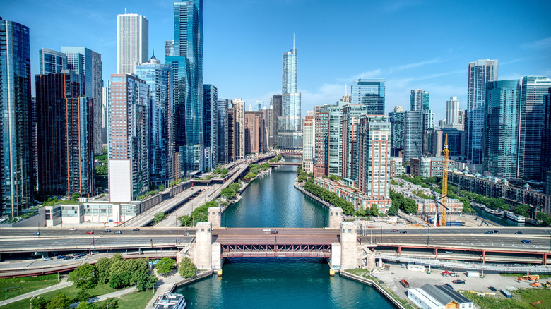 Areal view of Chicago River and Outer Drive