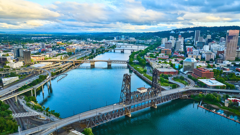 Aerial View of Portland Steel Bridge Over Calm River
