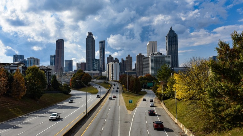 An aerial view of an Atlanta highway in autumn