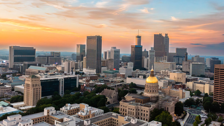 An aerial view of the downtown Atlanta skyline at sunrise