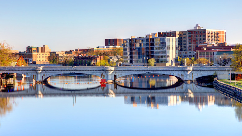 The South Bend, Indiana, skyline and a bridge over the St. Joseph River