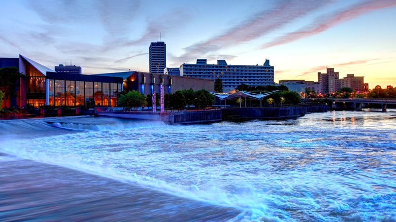 South Bend, Indiana, seen from the river during sunset