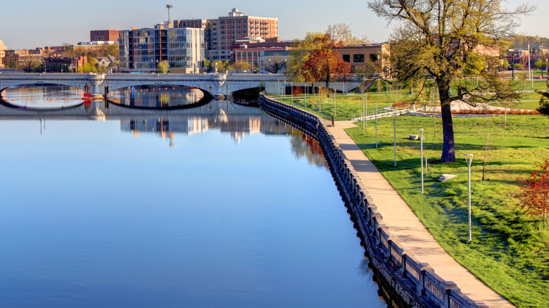 The St. Joseph River in South Bend with a walking path on its bank in South Bend