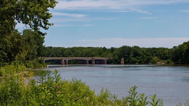 A bridge above the Maumee River, spanning from Indiana to Ohio through Lake Erie.
