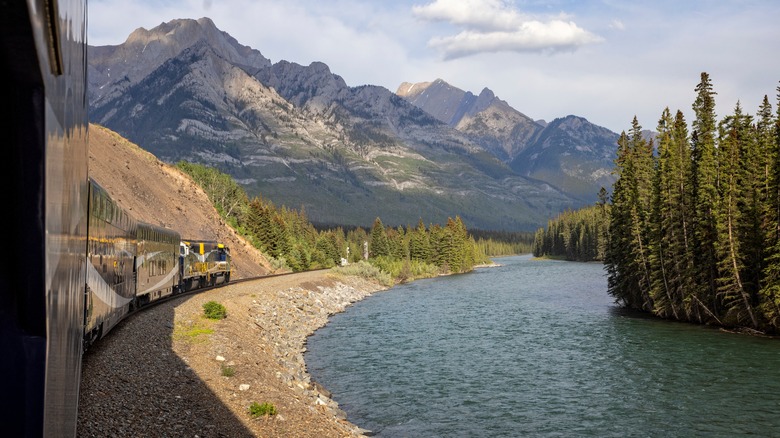 The Rocky Mountaineer train rounds a curve in the Canadian Rockies