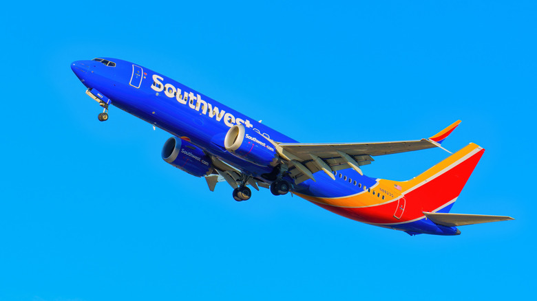 A Southwest plane ascends through a clear blue sky