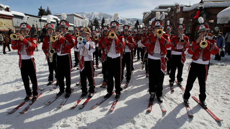 A marching band on skis at the Steamboat Springs Winter Carnival
