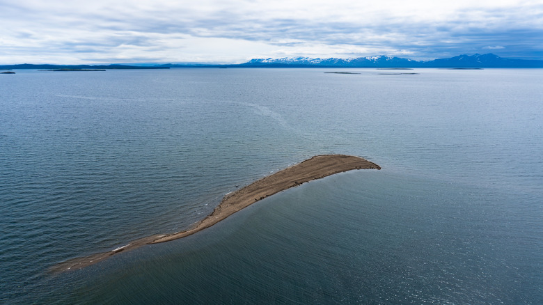 An island in Lake Iliamna, Alaska with mountainous background