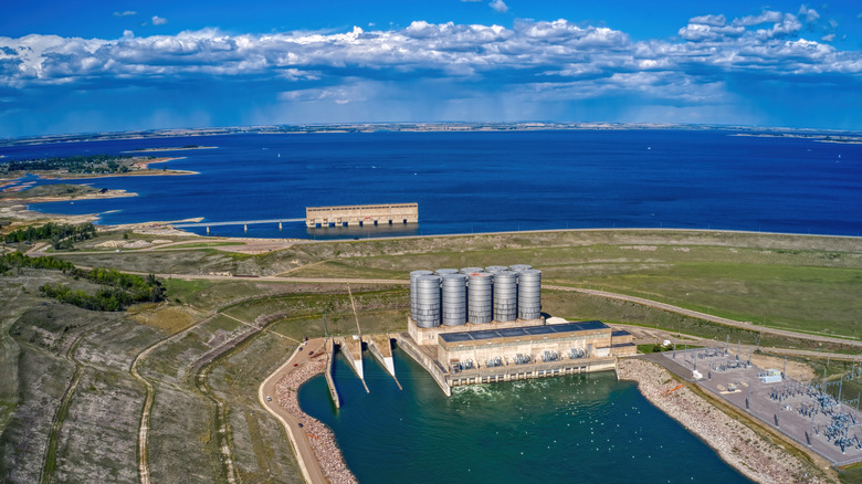 Aerial view of Lake Oahe and the Oahe Dam in South Dakota