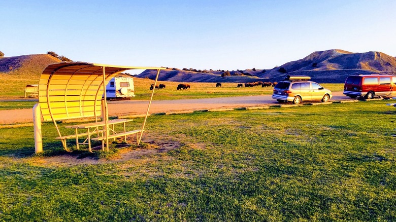 Sunset over cars and covered picnic tables at Sage Creek Campground in Badlands National Park