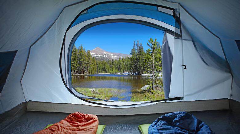 A view of the Yosemite mountains from the inside of a tent