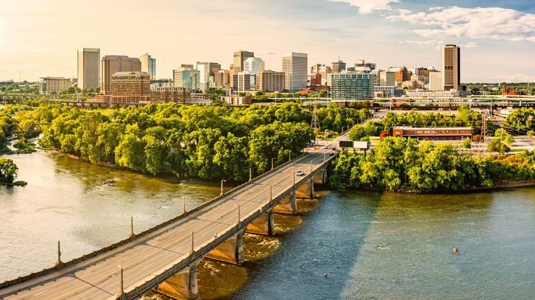 Aerial view of river and Richmond skyline