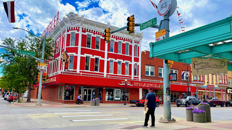 Brightly-painted antique storefronts line Lincolnway in Cheyenne, Wyoming