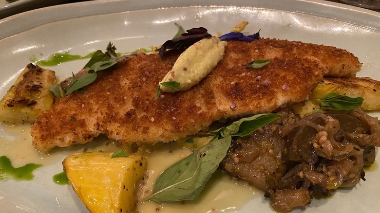 Swordfish schnitzel in lemon jam at Seabird