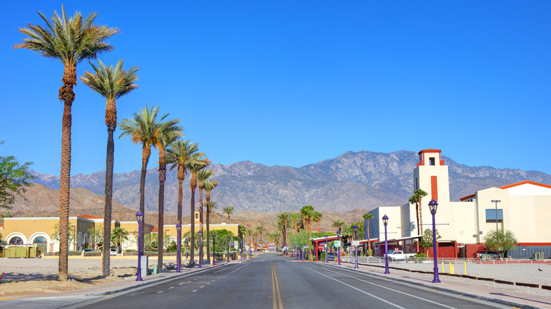 A long palm-lined road in Cathedral City backed by mountains and blue sky.