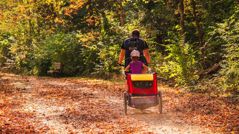A father pedals his bike with his daughter perched on a seat behind.
