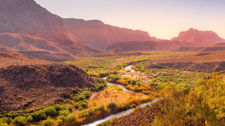 View of the landscape of the Big Bend Ranch State Park and the Rio Grande River, Texas
