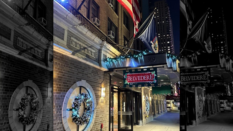 The festively decorated Belvedere Hotel front entrance