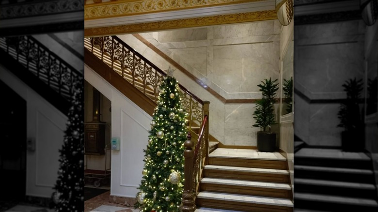 The Radio City Apartments lobby decorated with a Christmas tree