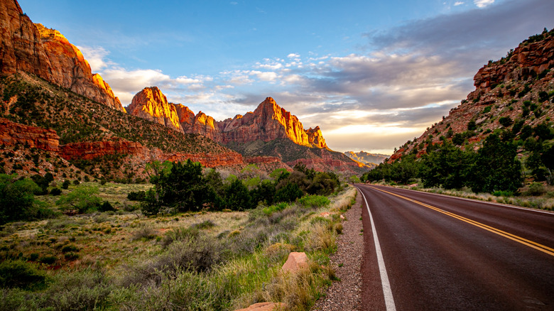 Sunset roadside view in Zion National Park