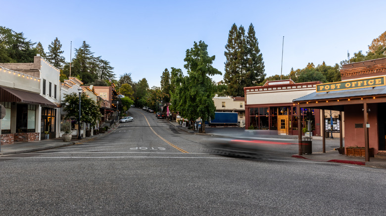Buildings in downtown Auburn, California, at sunset