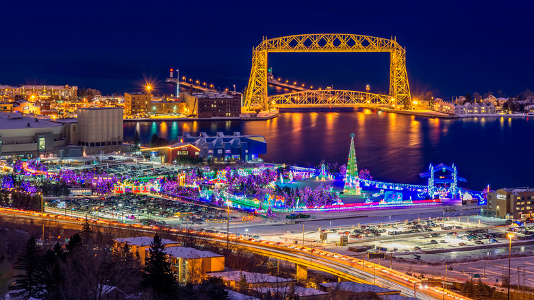 Christmas lights lit by Duluth lakeside pier