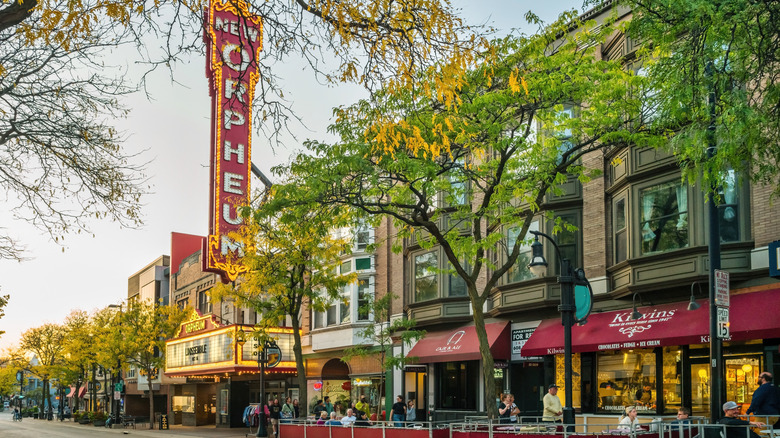 People walking and dining in downtown Madison, WI