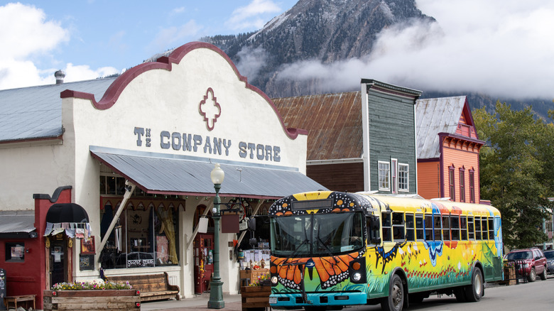 A mountain rises behind a street in Crested Butte, Colorado