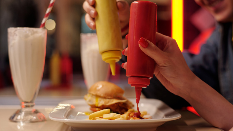 Close up of burger and milkshakes at diner