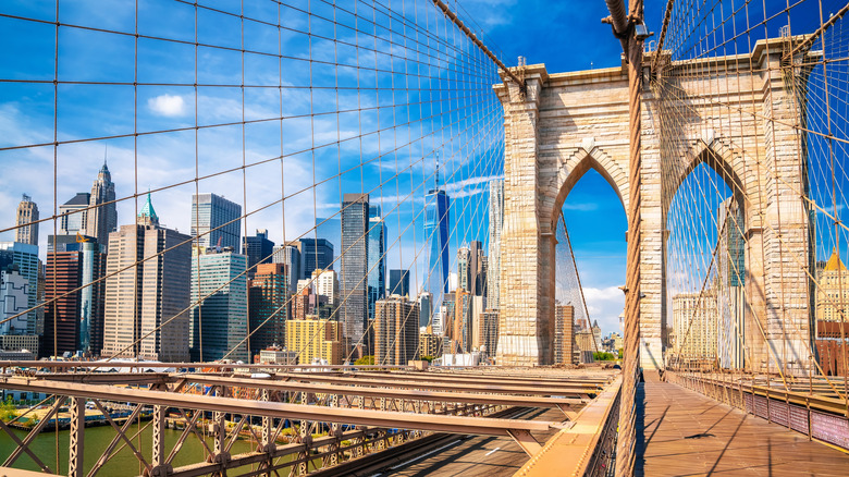 The Brooklyn Bridge with skyscrapers in the distance