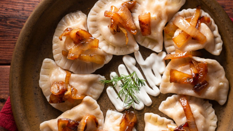 Dumplings from Pierogies Plus are arranged in a circle on a platter