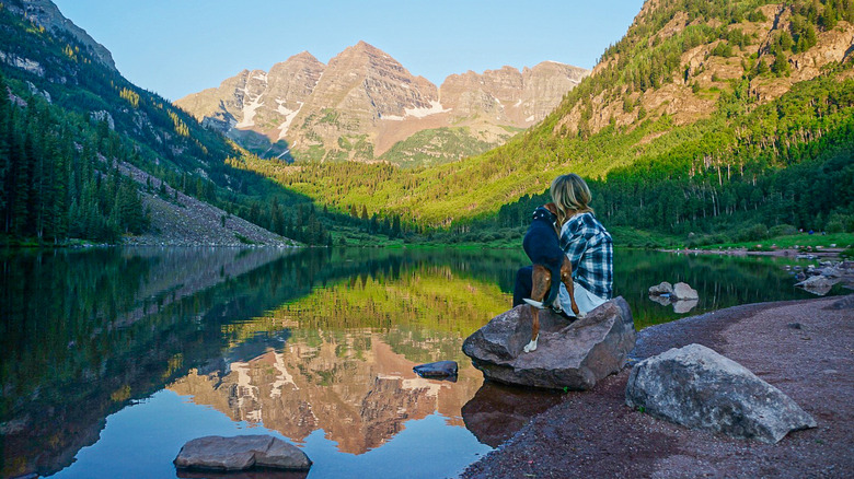 Maroon Bell peaks at Maroon Lake in Colorado