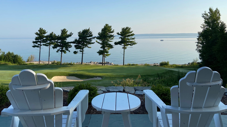 View of the green from high deck chairs at Bay Harbor Golf Club