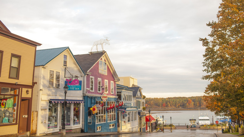 Colorful buildings near waterfront in downtown Bar Harbor, Maine