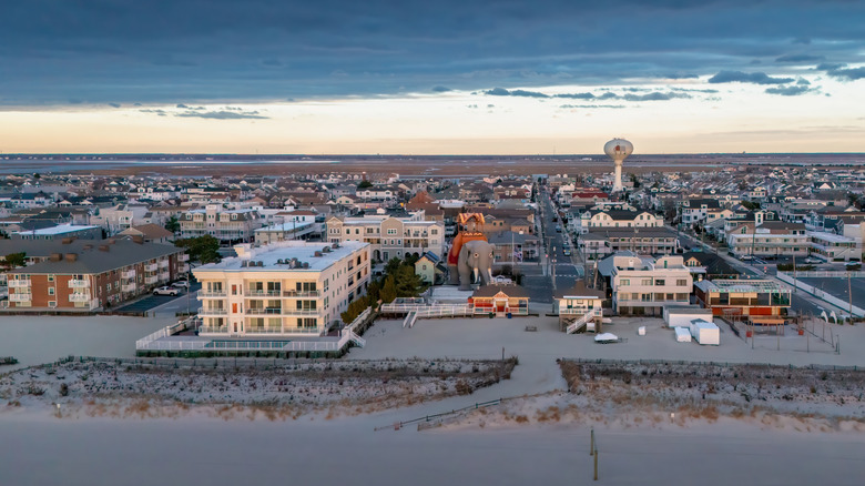 Aerial view of Margate City, with Lucy the Elephant in the center surrounded by buildings and the beach in the foreground