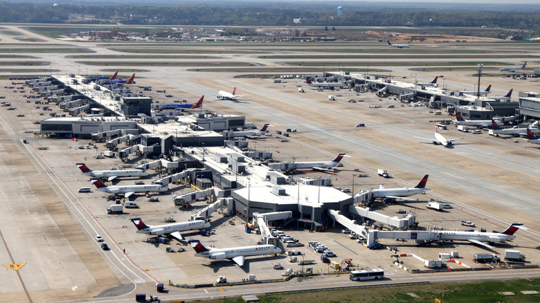 Aerial view of Delta Air Lines Planes at Atlanta's Hartsfield Jackson International Airport